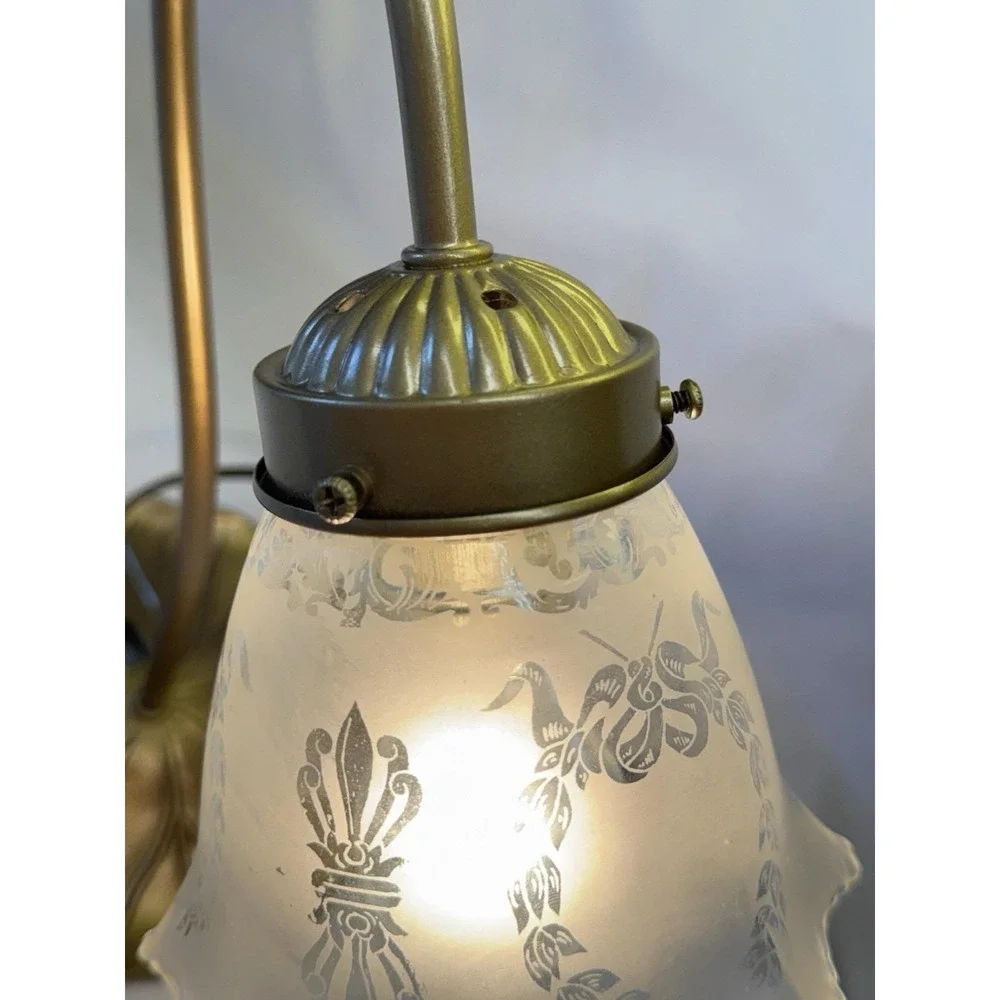 VTG Art Nouveau Brass Style Gooseneck Lily Pad Desk Lamp W/ White Frosted Shade